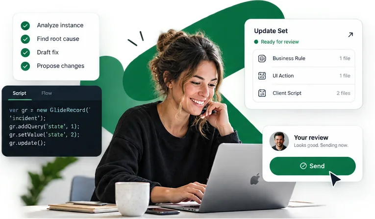 Illustration: a person at a laptop with the cursor resting on a Send button, beside a card headed Update Set — ready for review and a note reading “Your review — looks good. Sending now.”