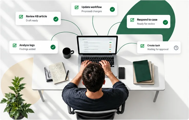 Illustration: an overhead view of a person typing at a laptop, face unseen, with five composed cards arranged around the desk — Review KB article, Draft ready; Update workflow, Proposed changes; Respond to case, Ready for review; Analyze logs, Findings added; and Create task, Waiting for approval.